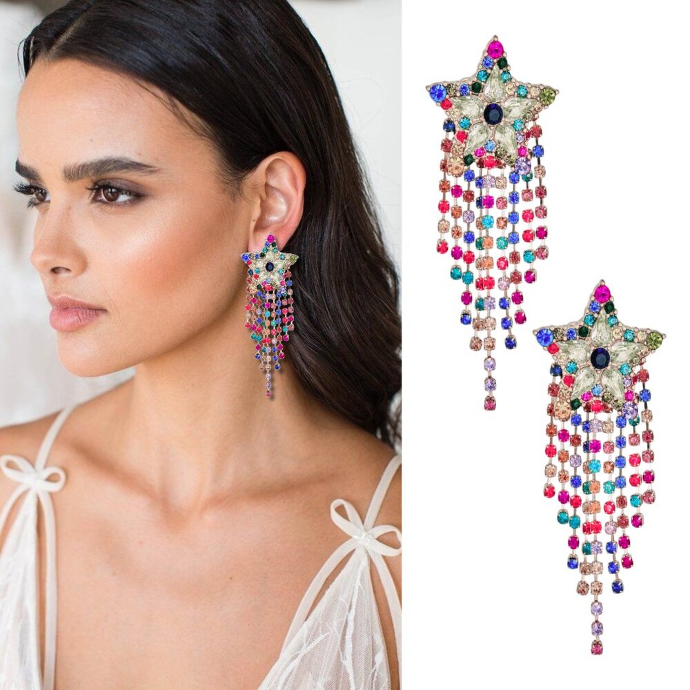 Sparkle Star Earrings Rhinestone Crystal CZ Sterling Silver Long Bling Statement